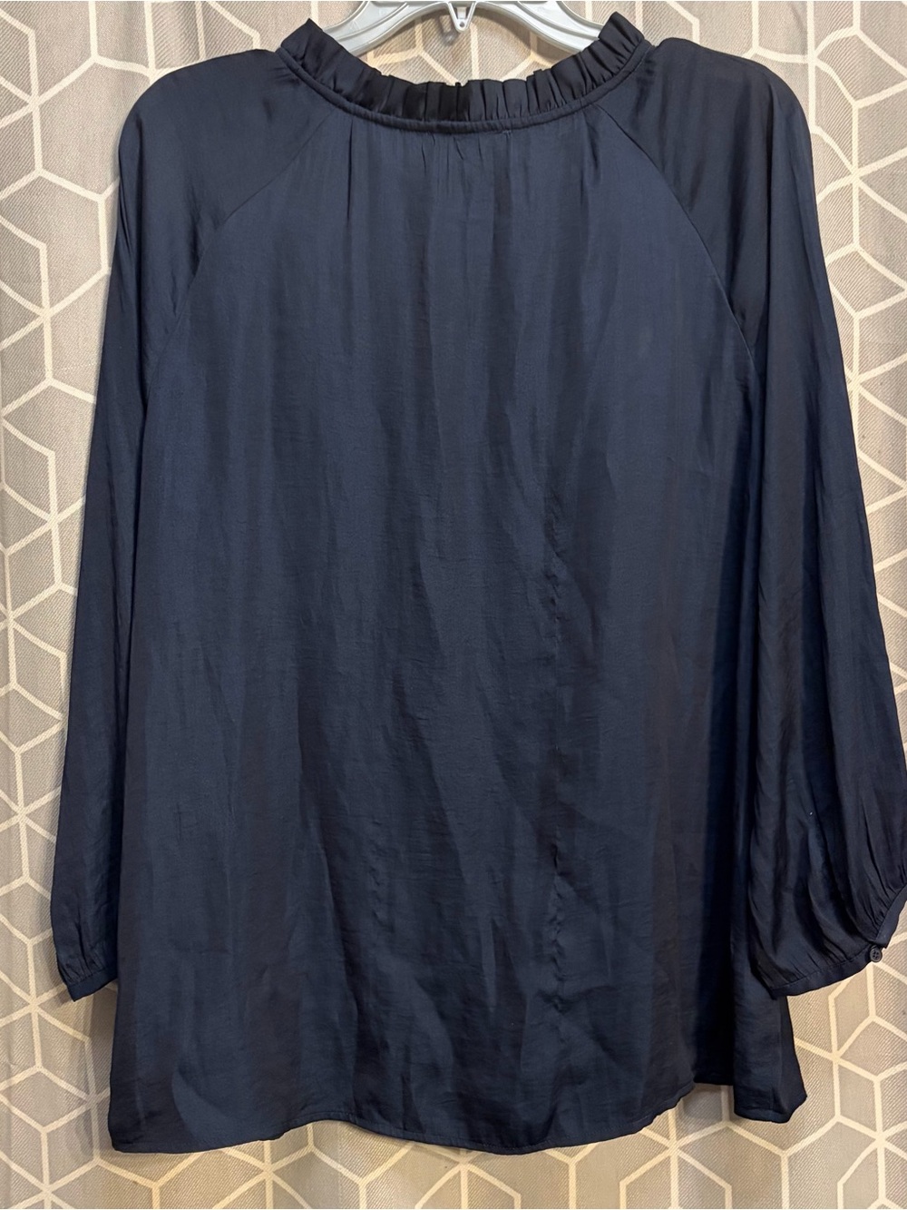 LOFT Navy Ruffle V-Neck Long Sleeve Blouse - Picture 2 of 4